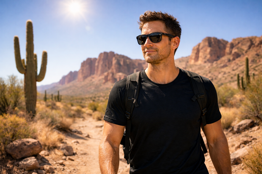 Man wearing a breathable black t-shirt hiking an Arizona desert trail with saguaros and red rock mountains in the heat.