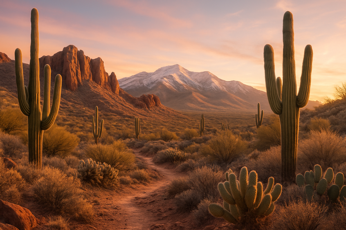 A golden winter sunrise illuminating Arizona saguaros and red rocks, with snow-capped mountains in the distance and a winding desert trail inviting exploration.