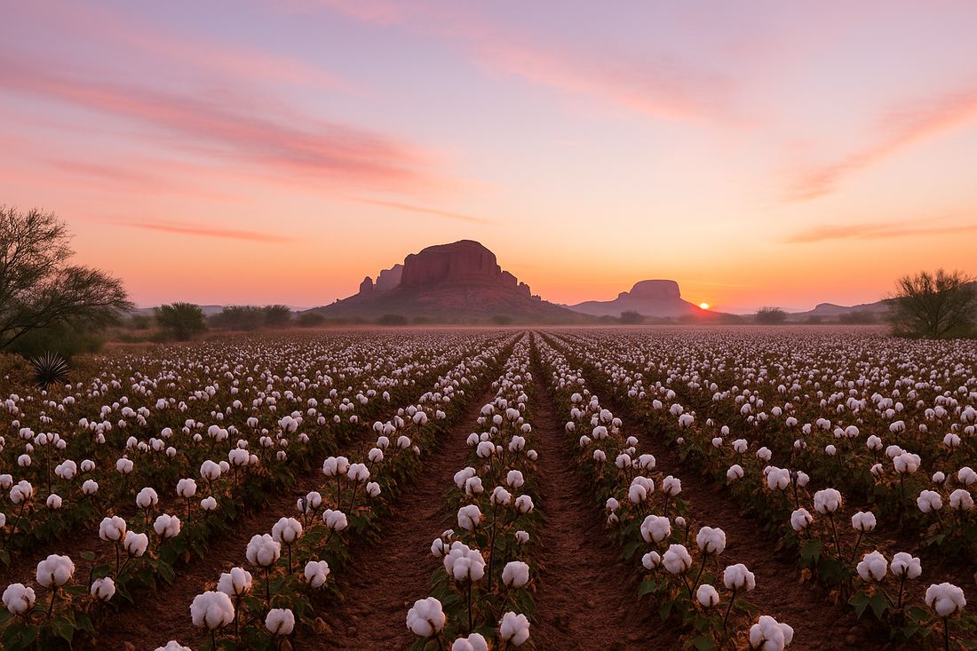 Sunrise over an Arizona cotton field with rows of white cotton bolls stretching toward distant red rock formations, framed by desert vegetation and soft pastel skies.