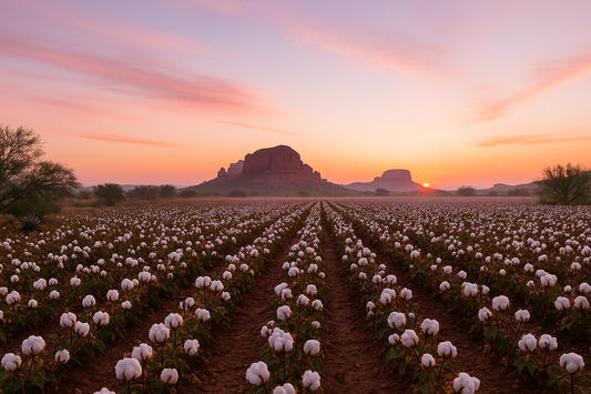 Sunrise over an Arizona cotton field with rows of white cotton bolls stretching toward distant red rock formations, framed by desert vegetation and soft pastel skies.