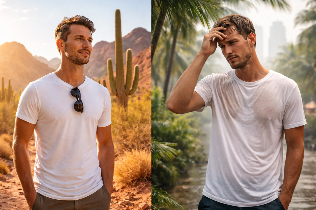 Split image showing a man in a dry Arizona desert wearing a cotton t-shirt comfortably, contrasted with a man in a humid tropical setting with a sweat-soaked shirt.