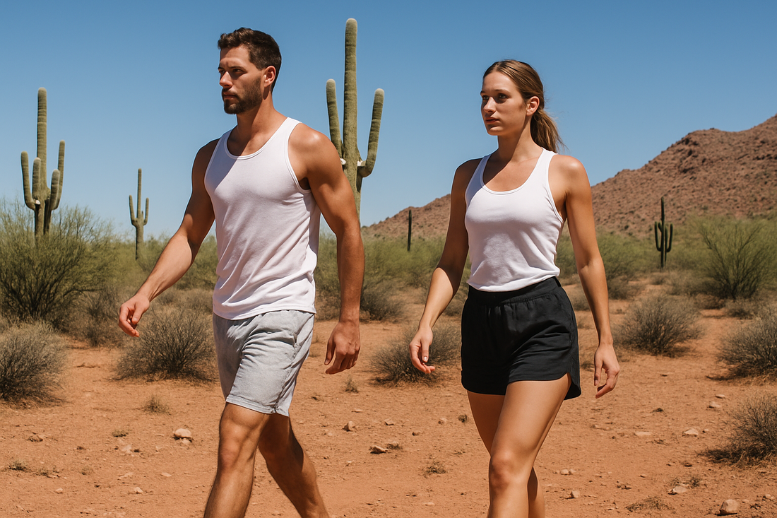 Man and woman walking through a sunlit Arizona desert landscape wearing athletic shorts and tank tops, surrounded by red earth, saguaro cacti and rugged hills under a bright blue sky.